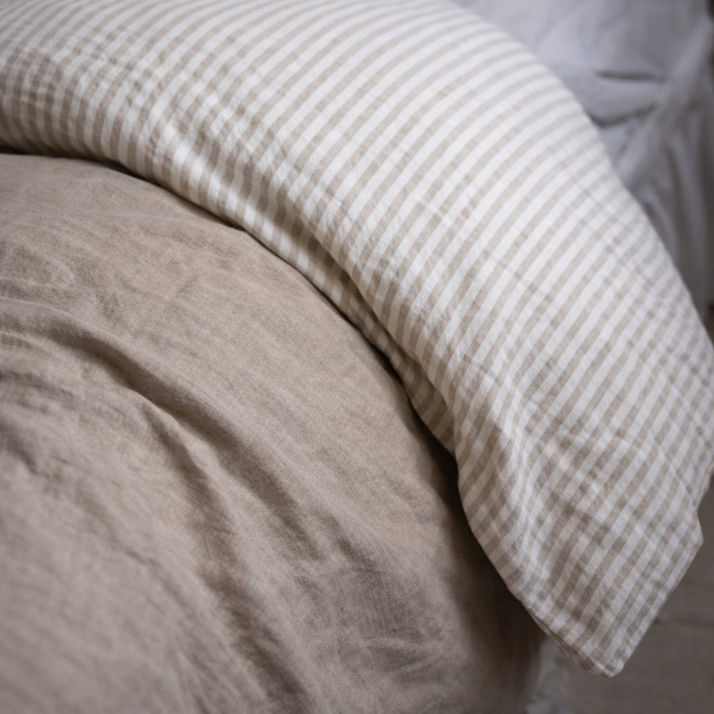 Luxury Natural Beige Stripe Linen Bedding Set