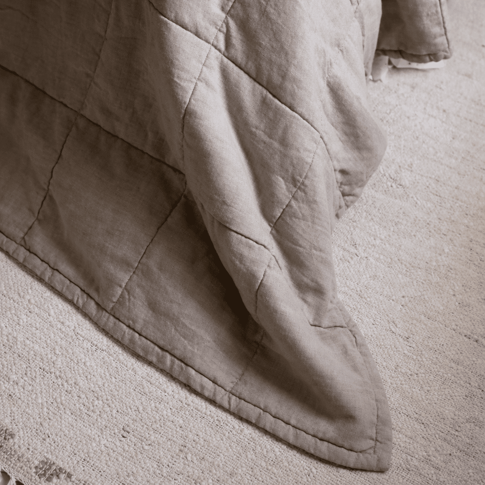 Luxury Natural Beige Linen Quilted Bedspread