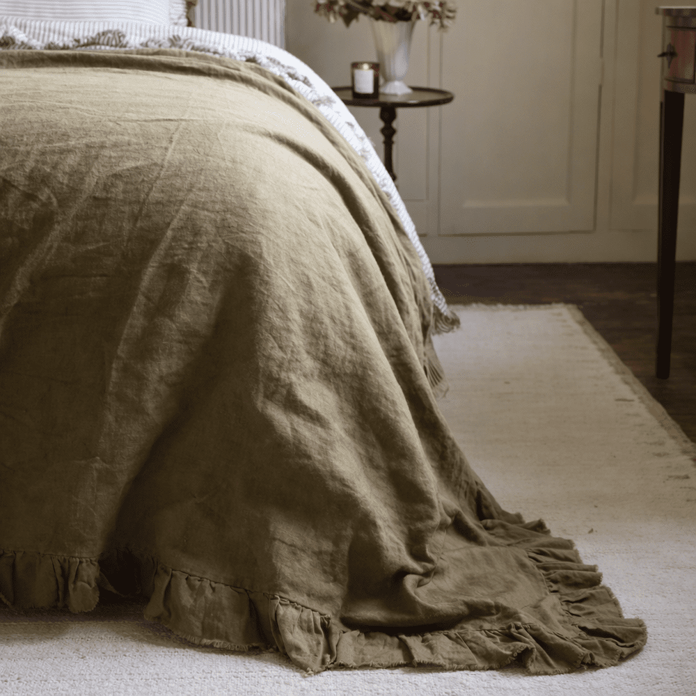 Olive Ruffle Linen Bedspread