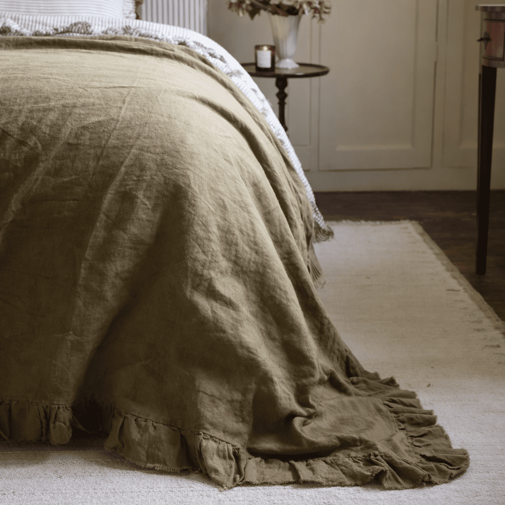 Olive Ruffle Linen Bedspread
