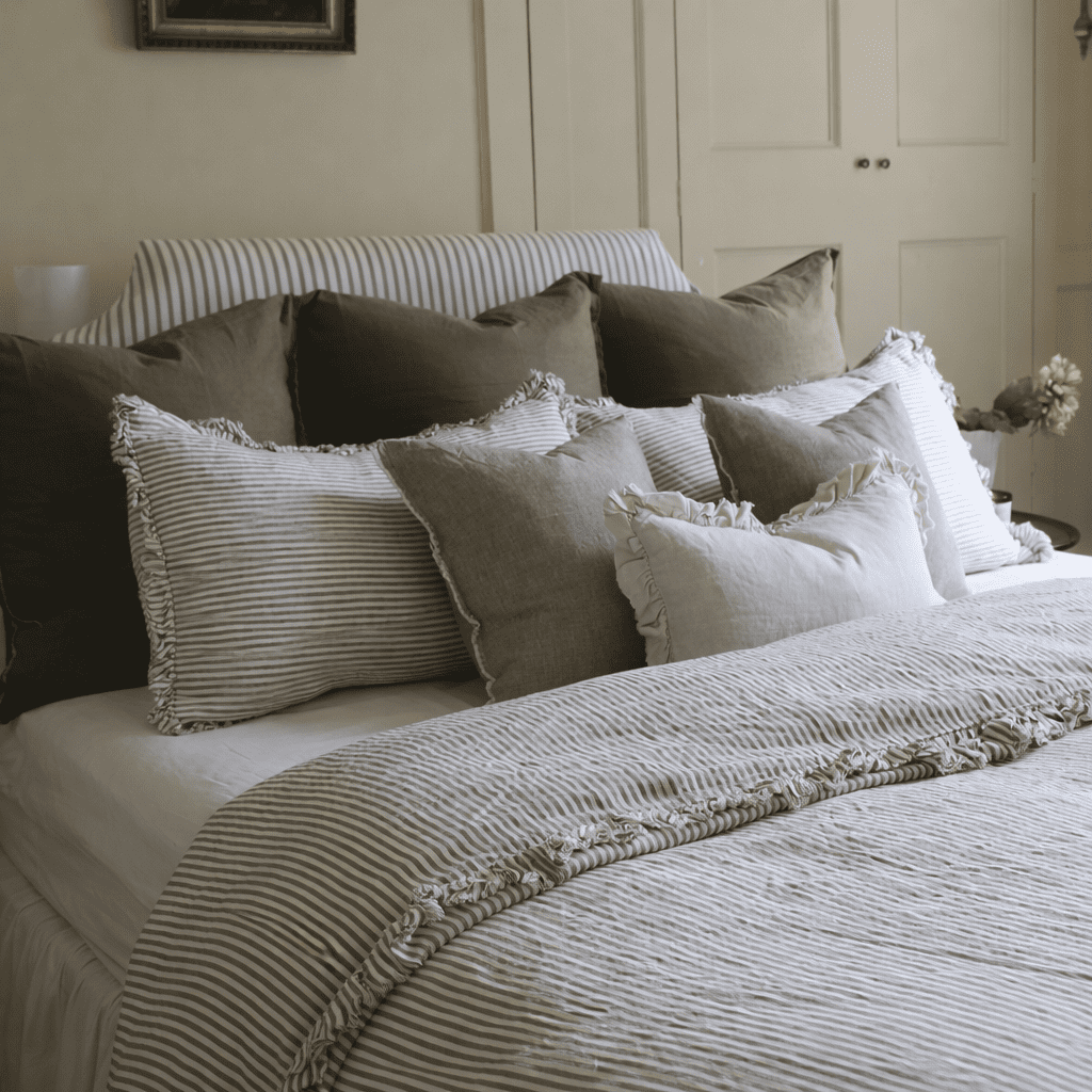 Luxury Olive Stripe Ruffle Linen Bedding Set