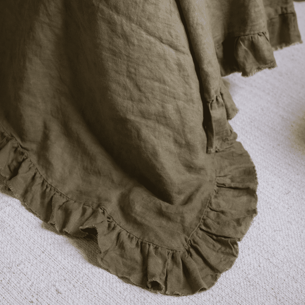Olive Ruffle Linen Bedspread