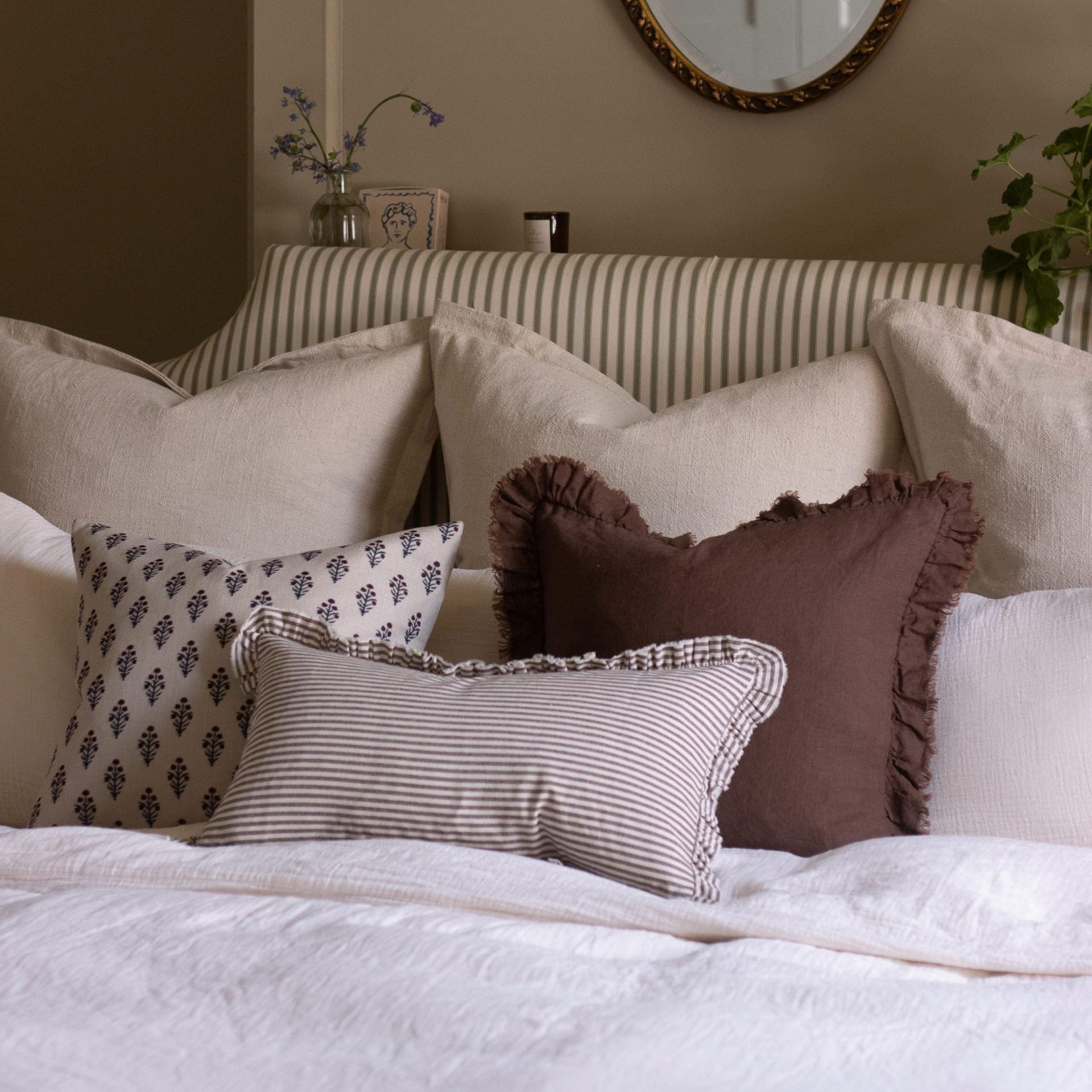 Darcy Dark Brown Stripe Ruffle Cushion 50x30