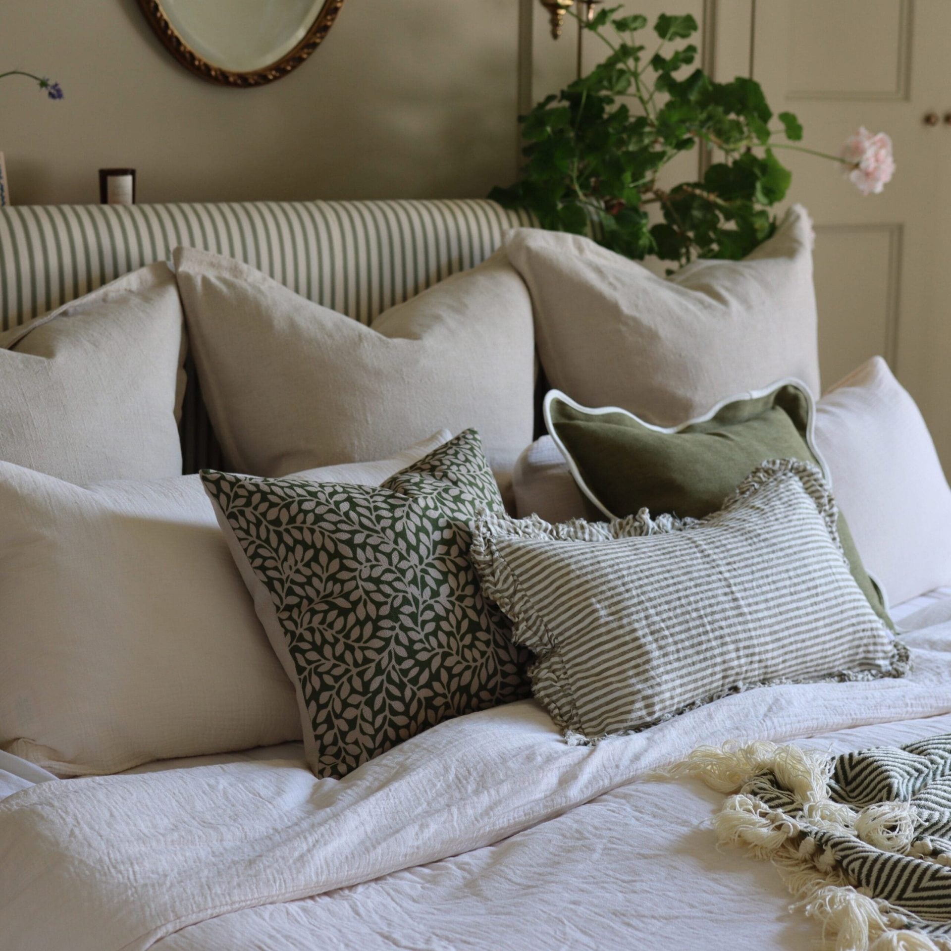 Hallie Olive Green Stripe Ruffle Cushion 50x30