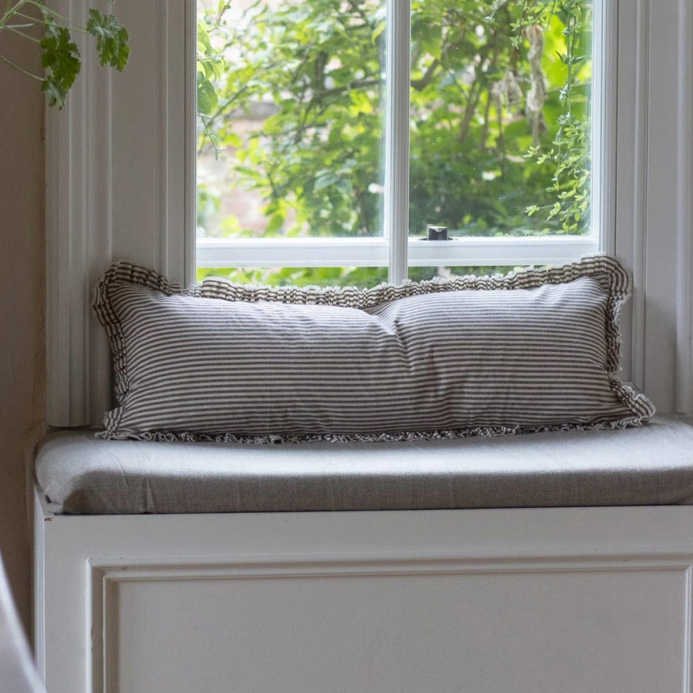 Darcy Dark Brown Stripe Ruffle Bolster Cushion 80x30