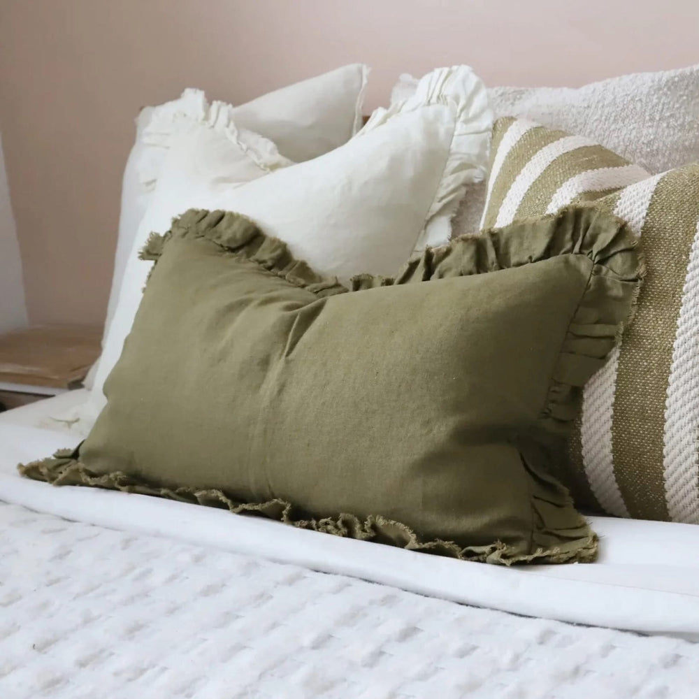 Hallie Olive Green Ruffle Cushion 50x30