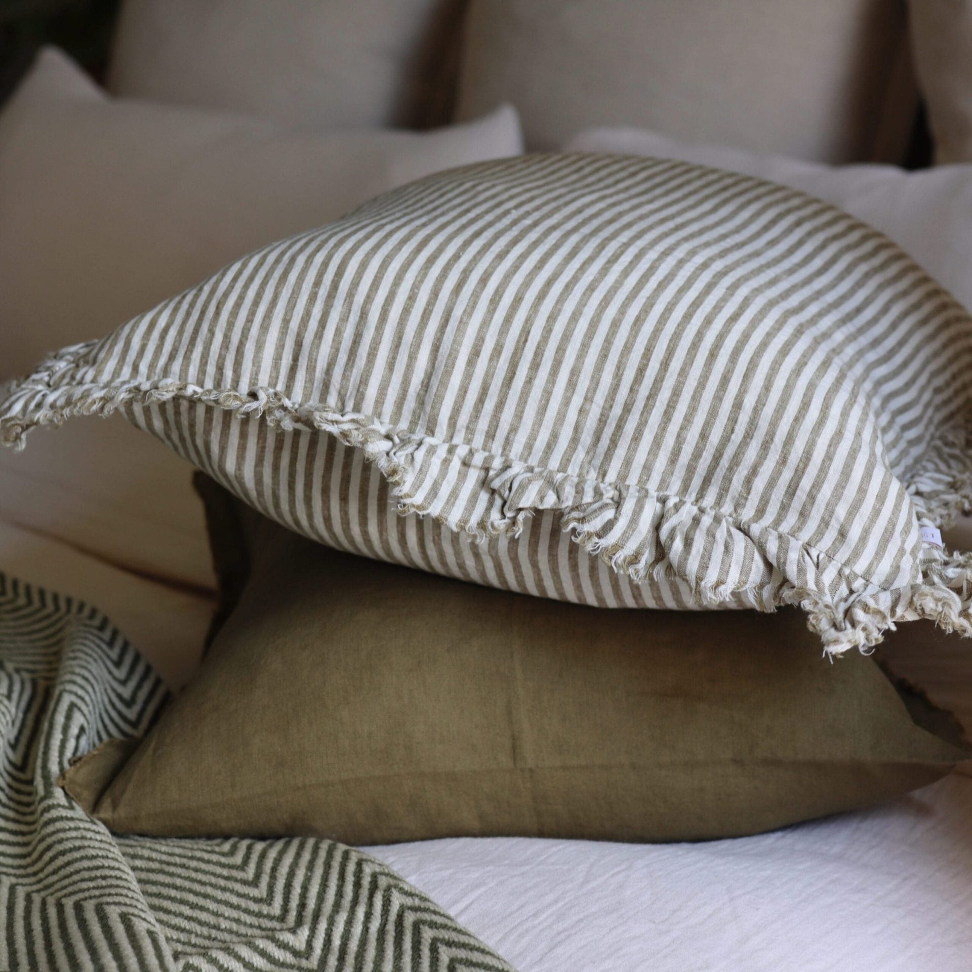 Hallie Olive Green Stripe Ruffle Cushion 45x45