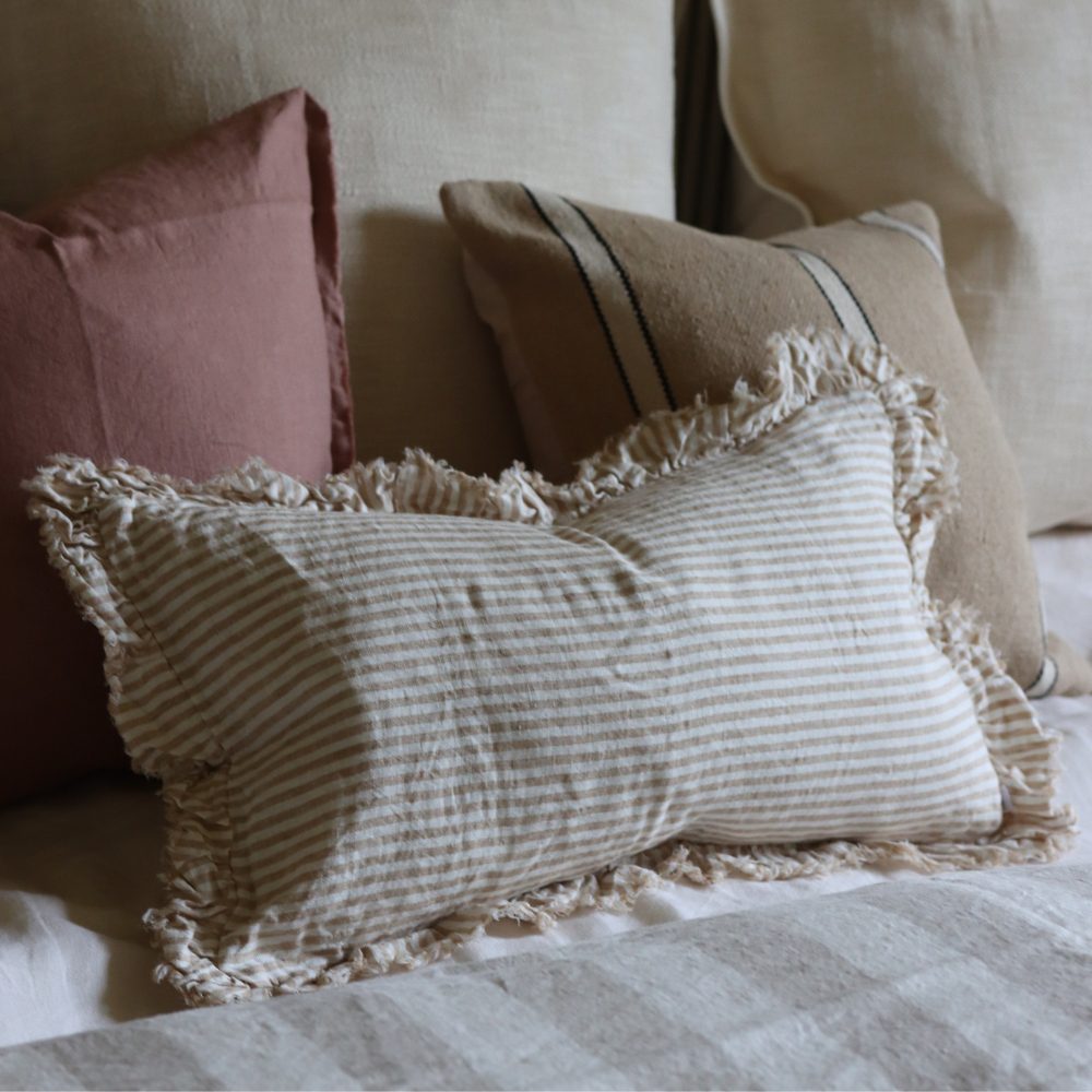 Hallie Light Brown Stripe Ruffle Cushion 50x30