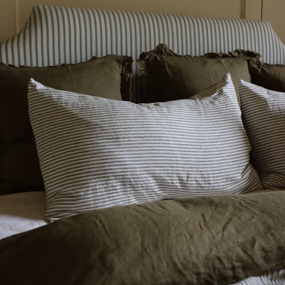 Luxury Olive Stripe Linen Bedding Set