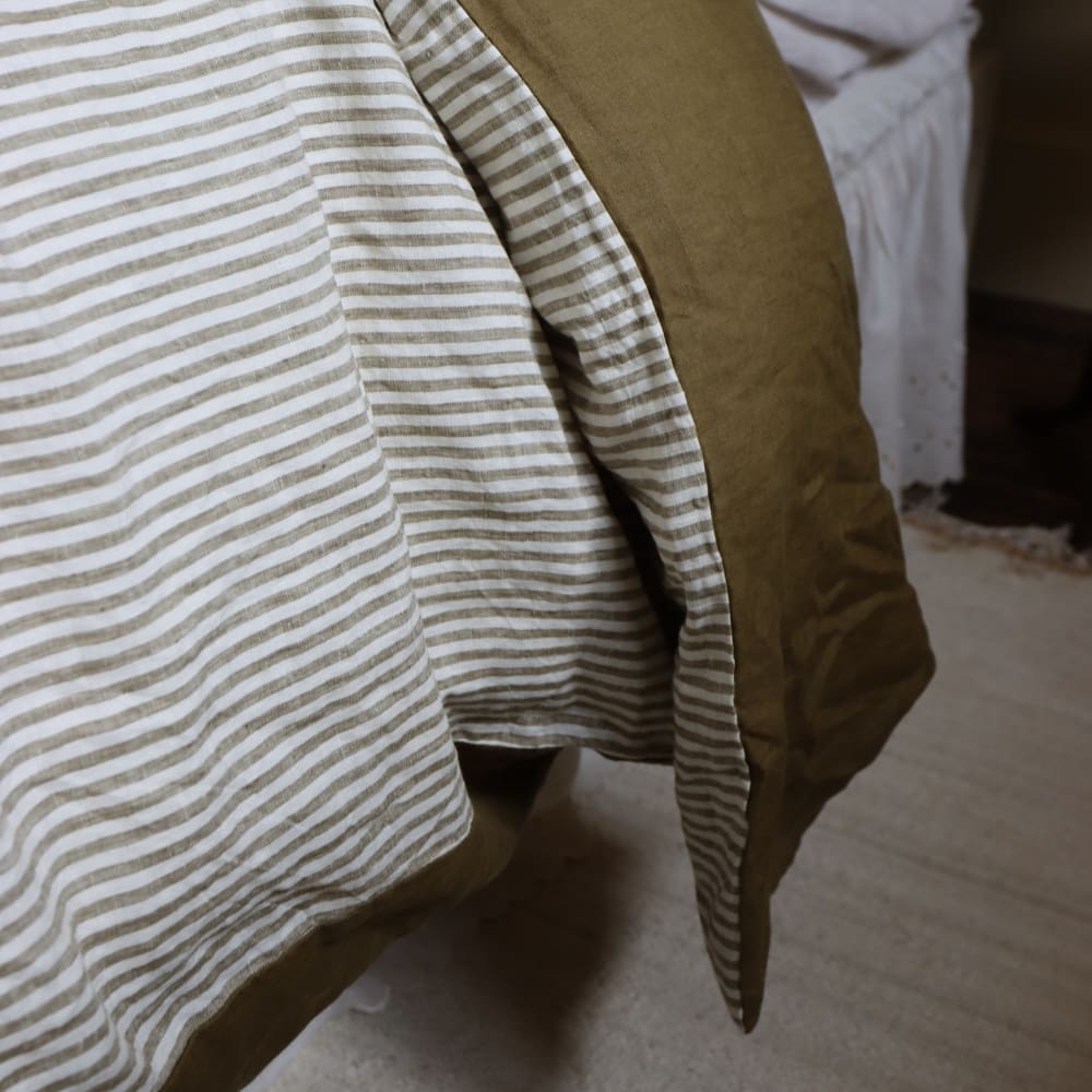 Luxury Olive Stripe Linen Bedding Set