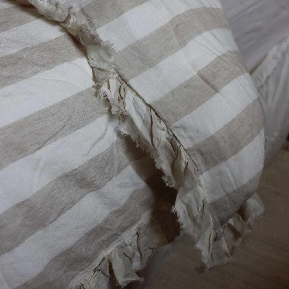 Luxury Natural Beige Stripe Ruffle Linen Bedding Set