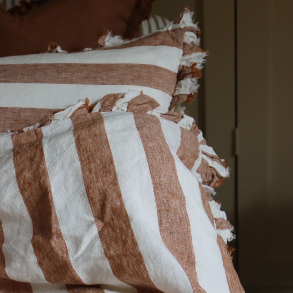 Luxury Rust Stripe Ruffle Linen Bedding Set