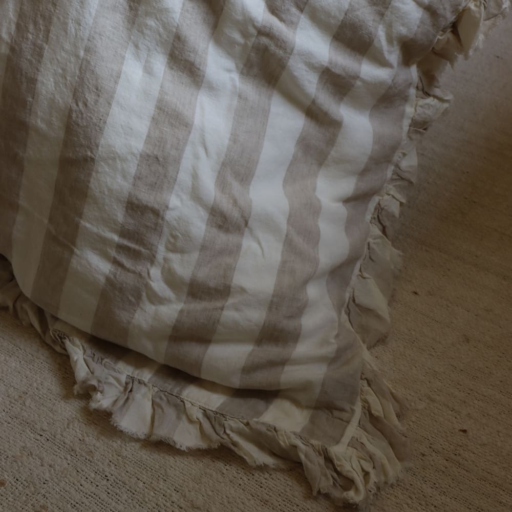 Luxury Natural Beige Stripe Ruffle Linen Bedding Set
