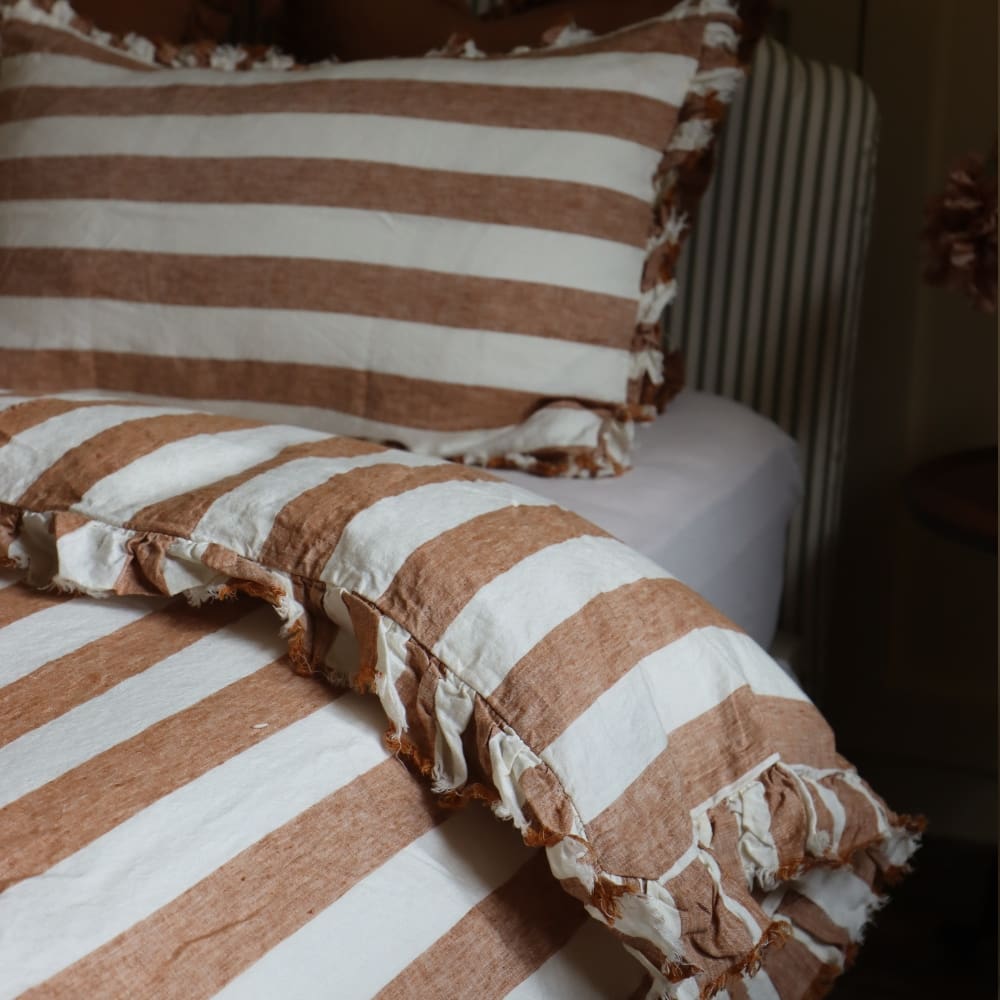 Luxury Rust Stripe Ruffle Linen Bedding Set