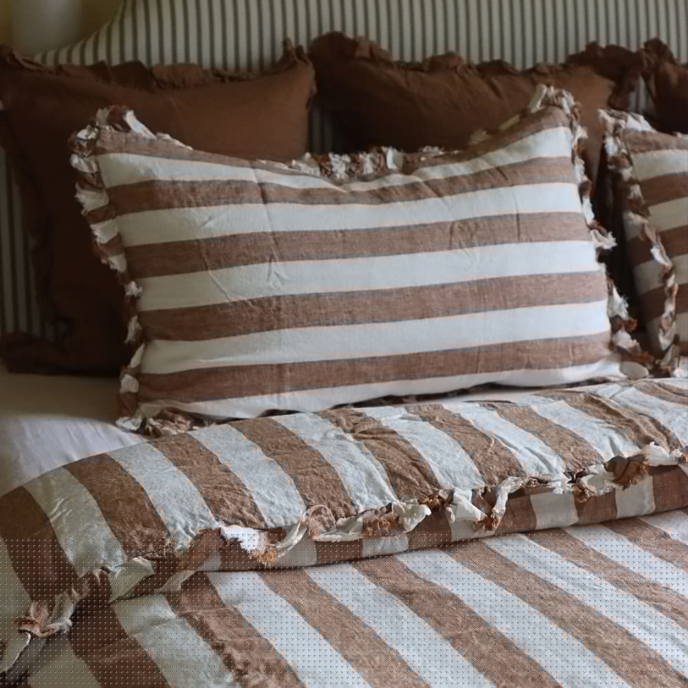 Luxury Rust Stripe Ruffle Linen Bedding Set