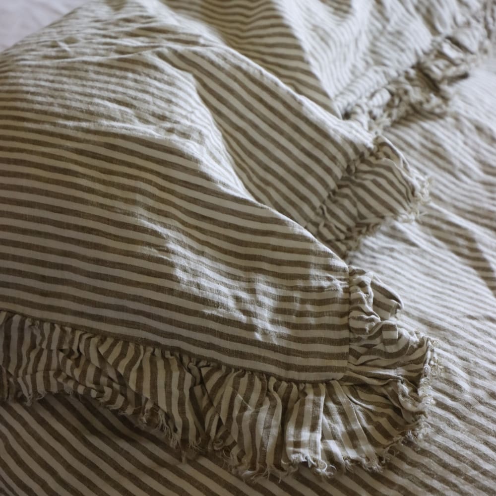 Luxury Olive Stripe Ruffle Linen Bedding Set