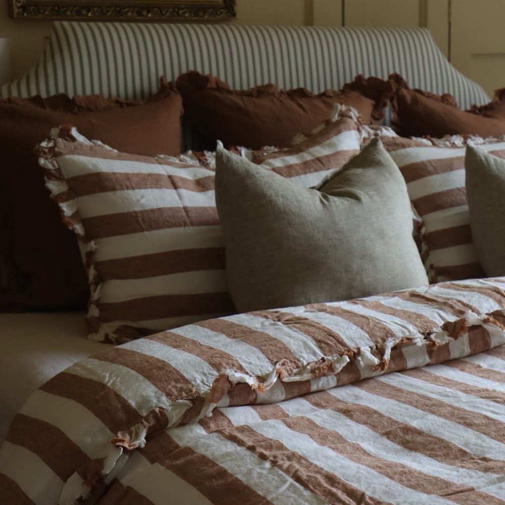 Luxury Rust Stripe Ruffle Linen Bedding Set