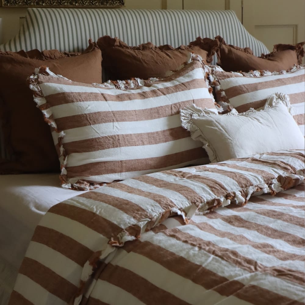 Luxury Rust Stripe Ruffle Linen Bedding Set