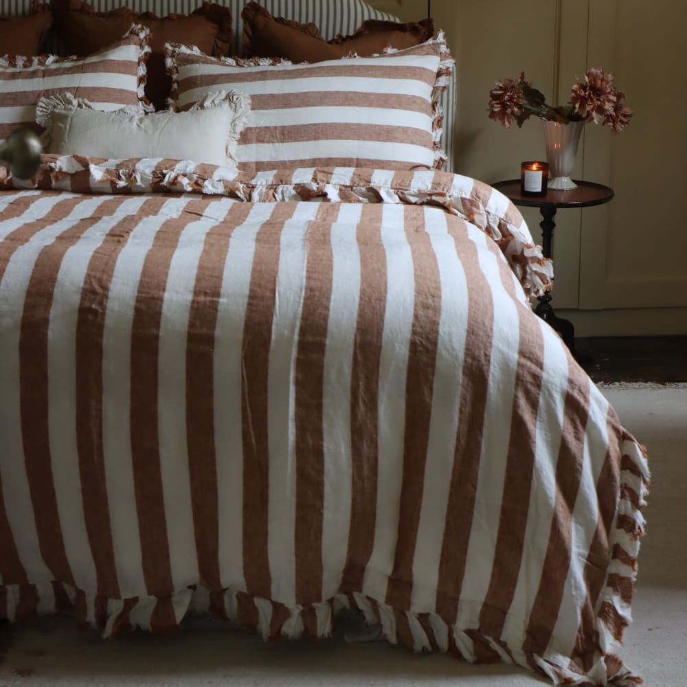 Luxury Rust Stripe Ruffle Linen Bedding Set