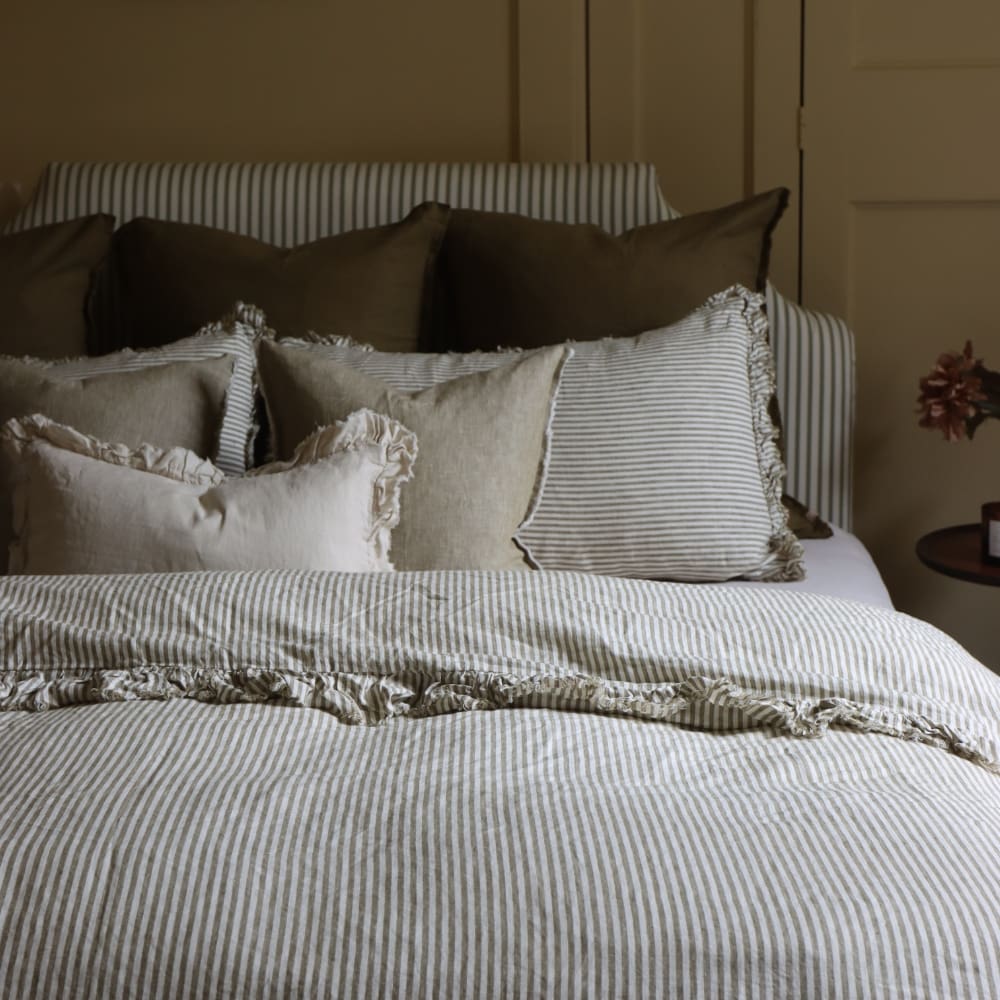 Luxury Olive Stripe Ruffle Linen Bedding Set