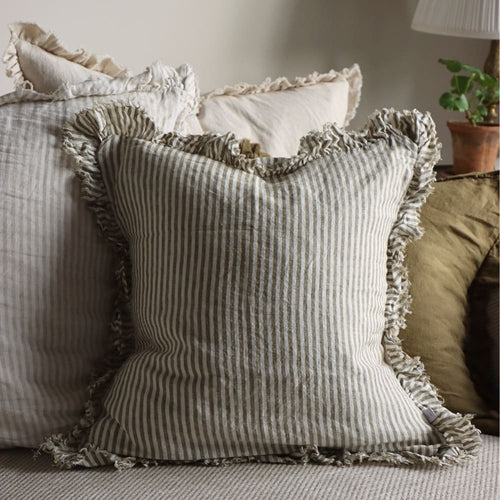 Hallie Olive Green Stripe Ruffle Cushion 53x53