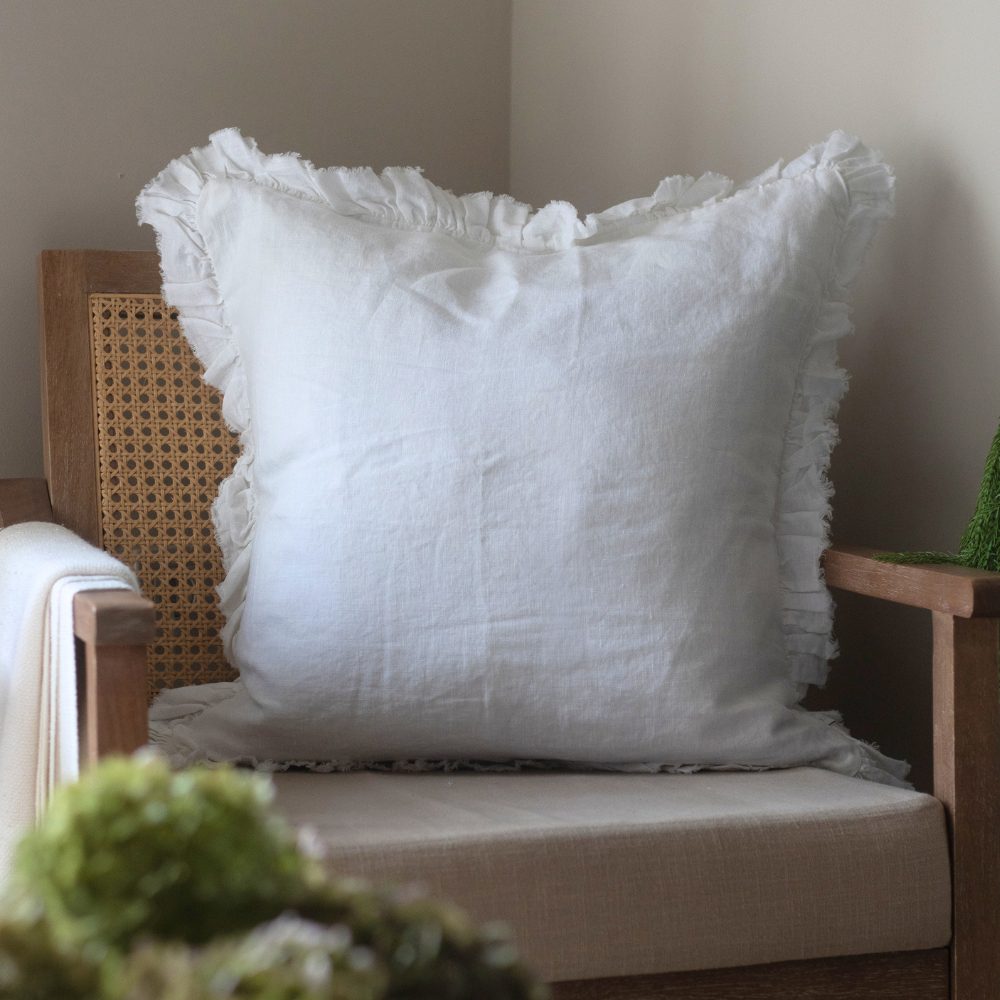 Hallie White Ruffle Linen Cushion