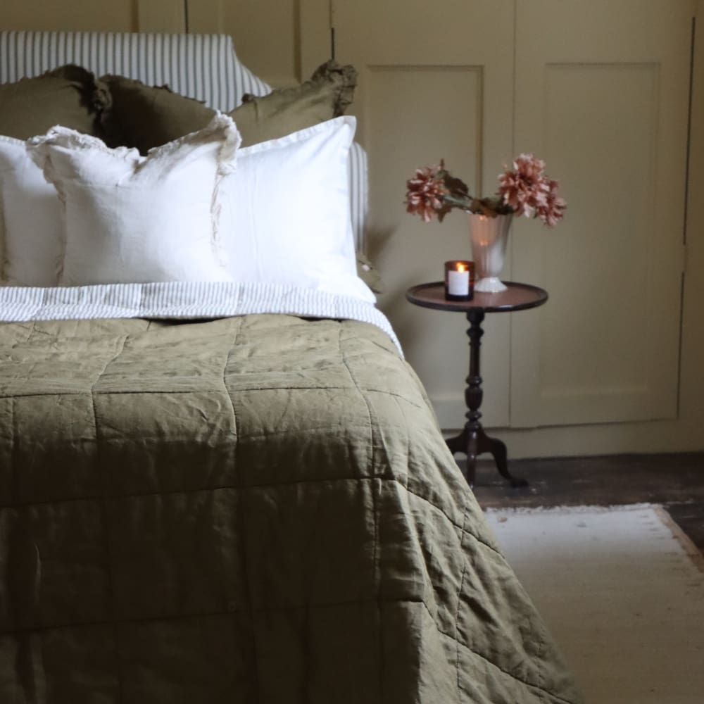 Luxury Olive Linen Quilted Bedspread
