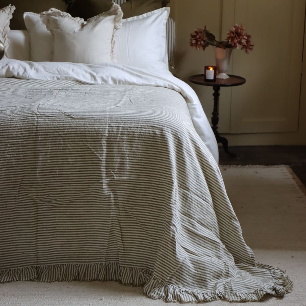 Olive Stripe Ruffle Linen Bedspread