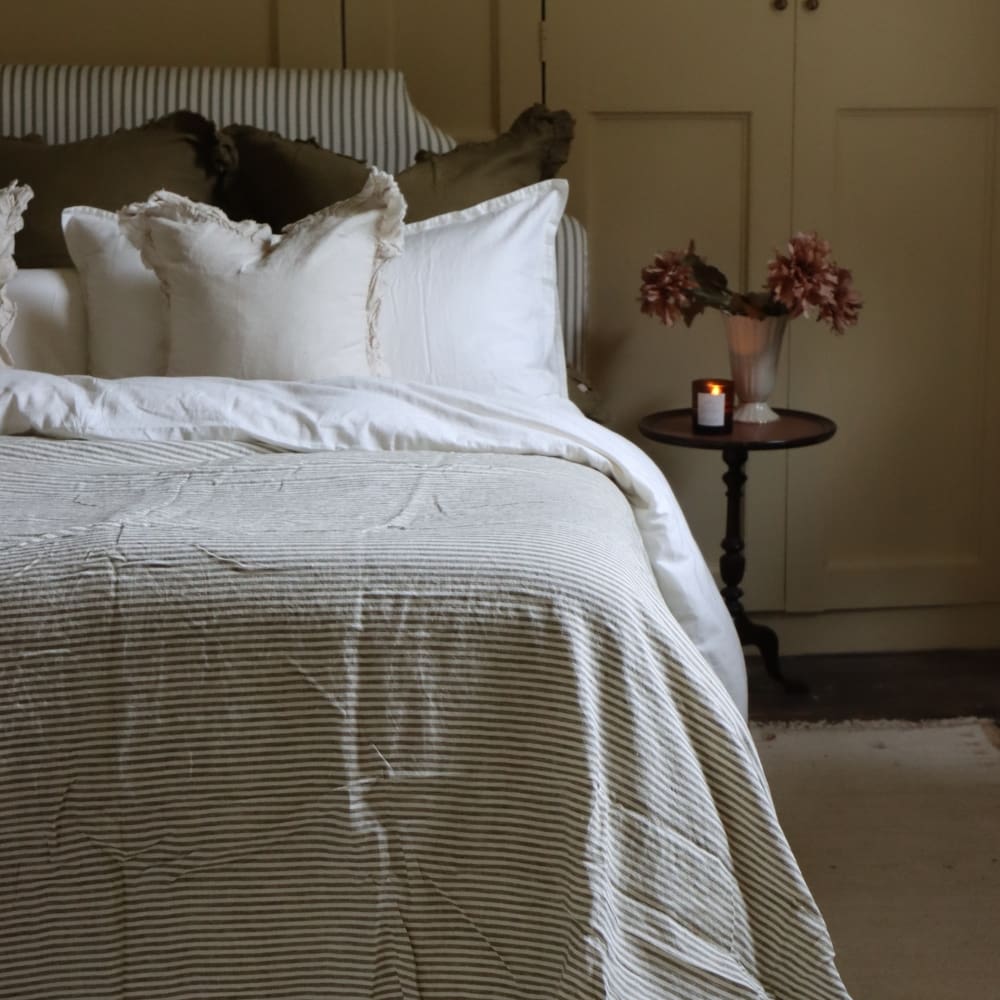 Olive Stripe Ruffle Linen Bedspread