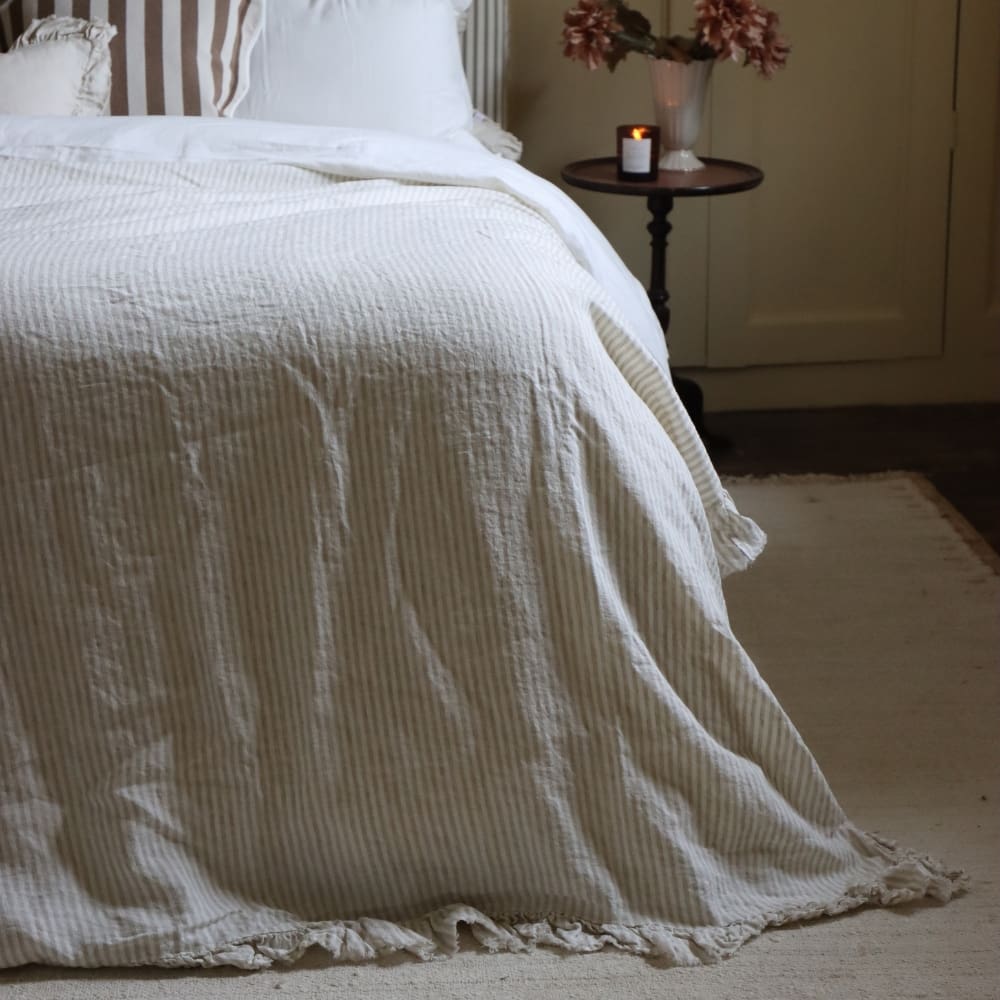 Natural Beige Stripe Ruffle Linen Bedspread