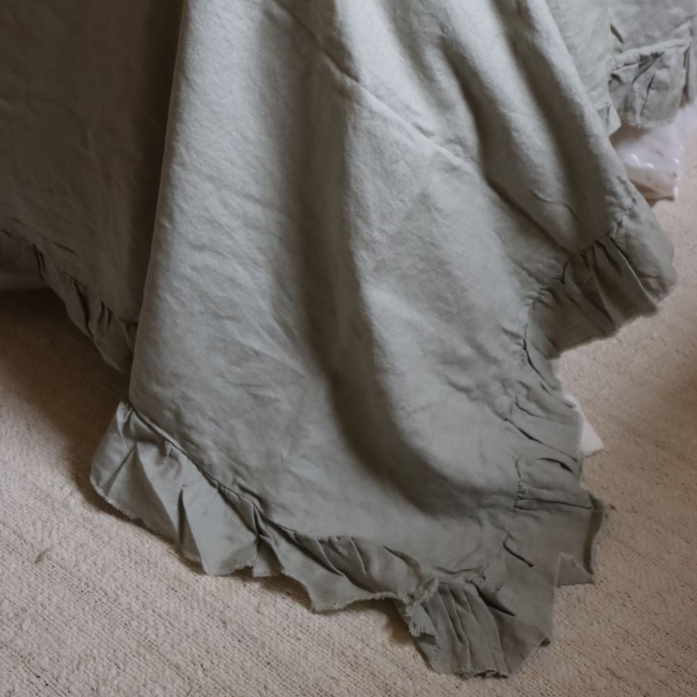 Sage Ruffle Linen Bedspread
