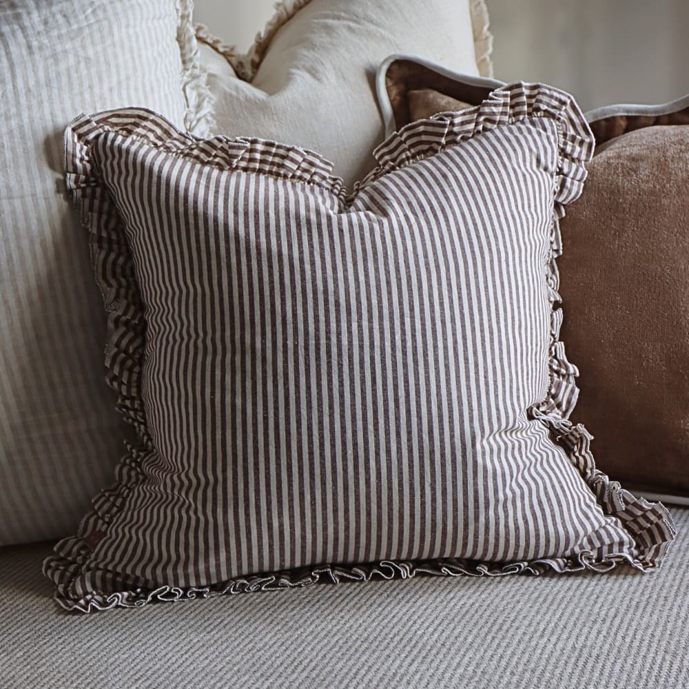 Darcy Dark Brown Stripe Ruffle Cushion 45x45 x2