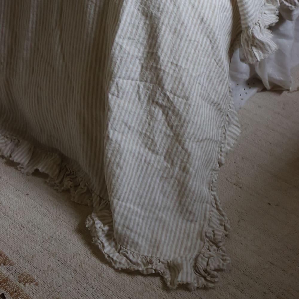 Natural Beige Stripe Ruffle Linen Bedspread