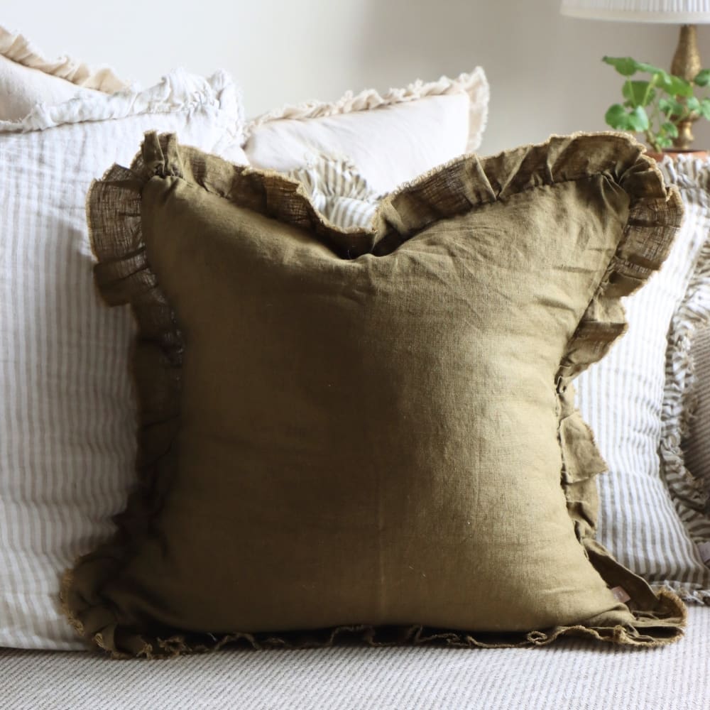 Hallie Olive Green Ruffle Cushion 45x45