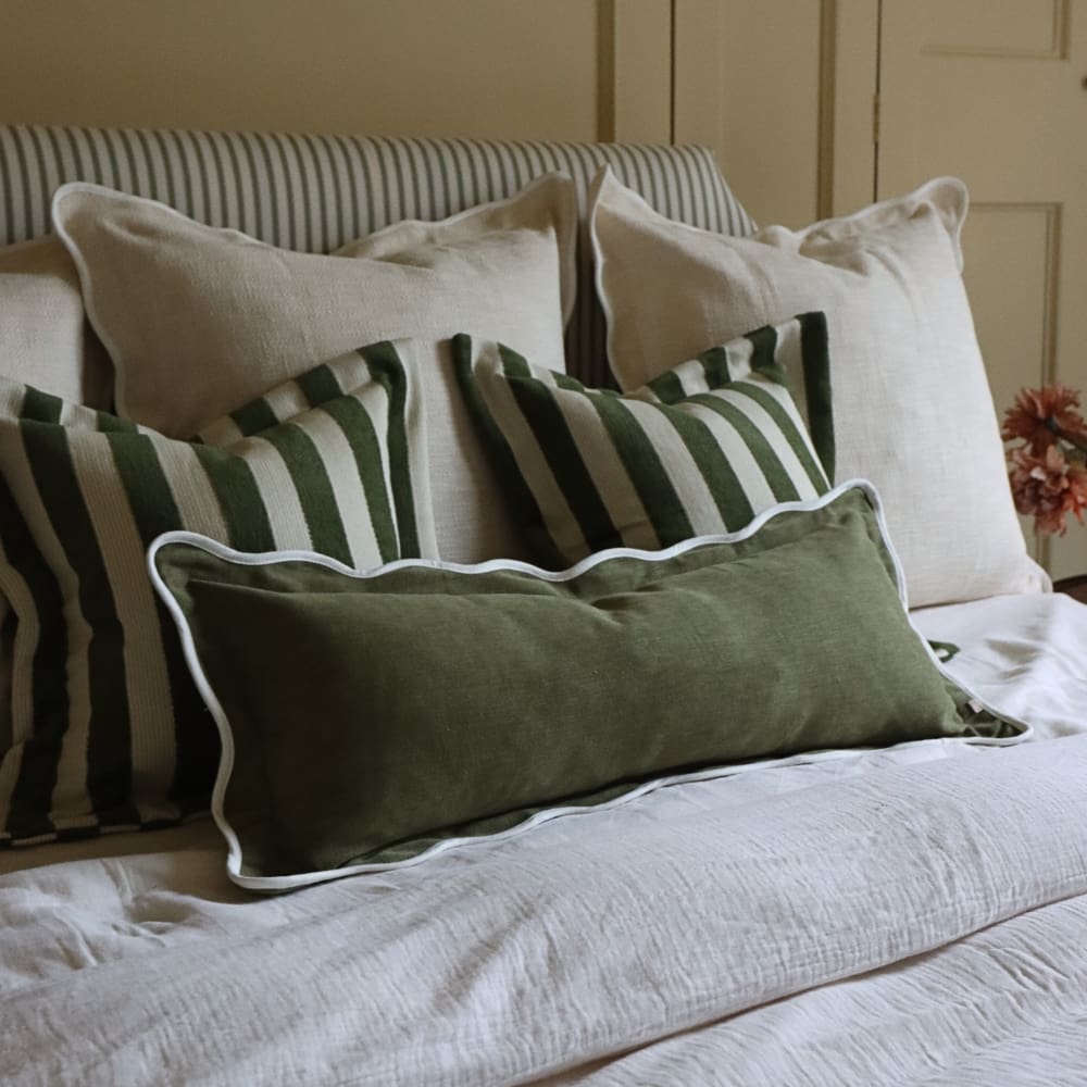 Chloe Olive Green Scalloped Edge Bolster Cushion 80x30