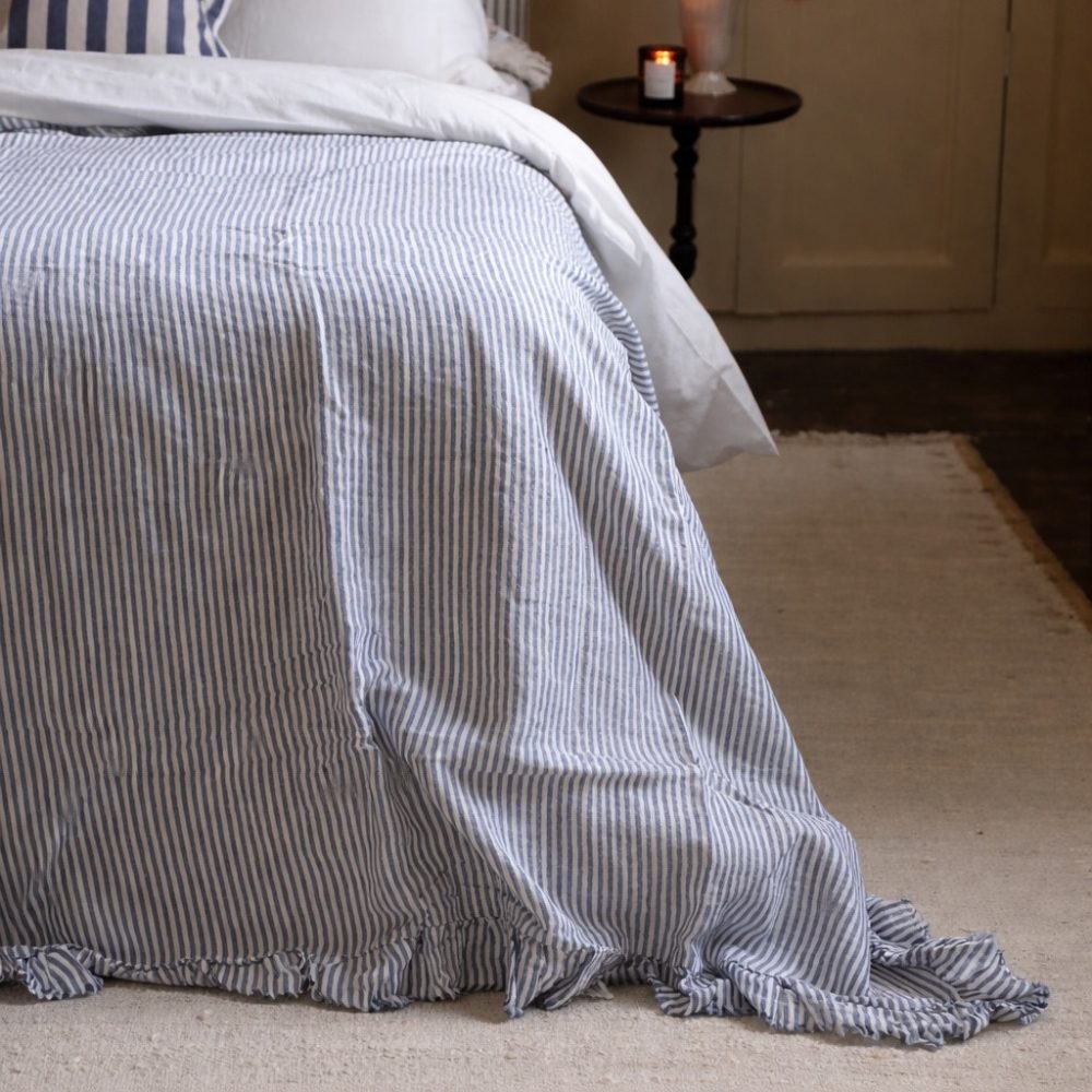 Navy Stripe Ruffle Linen Bedspread
