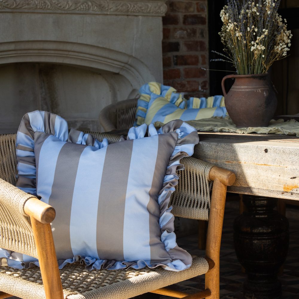 Outdoor Brown & Blue Ruffle Edge Cushion 45x45