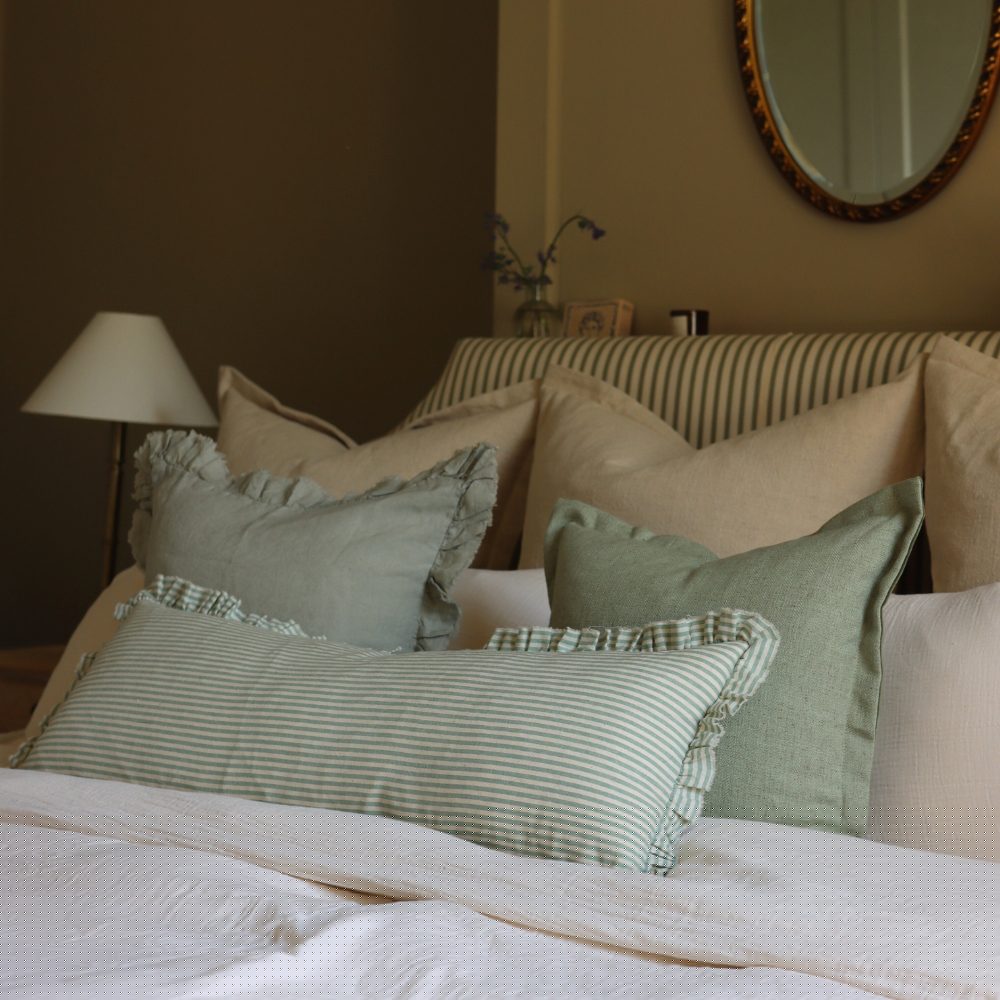 Darcy Sage Green Stripe Ruffle Bolster Cushion 80x30