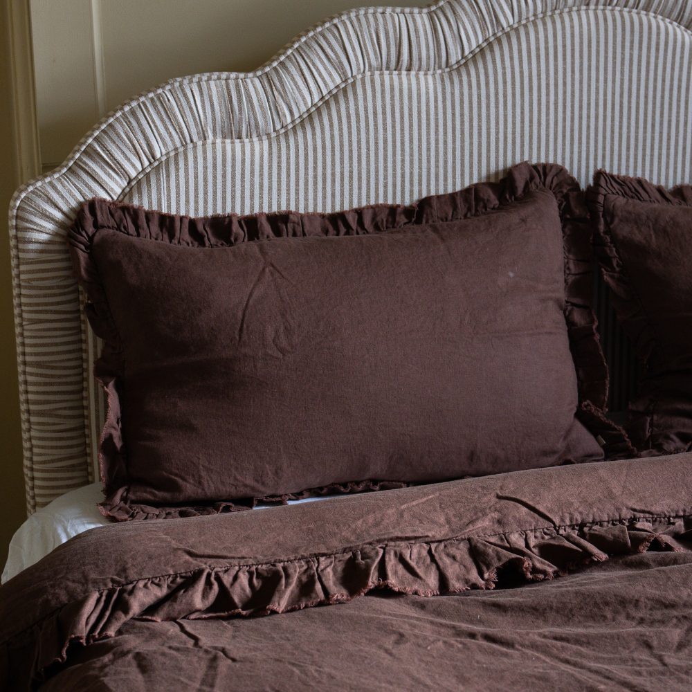 Luxury Dark Brown Ruffle Linen Bedding Set
