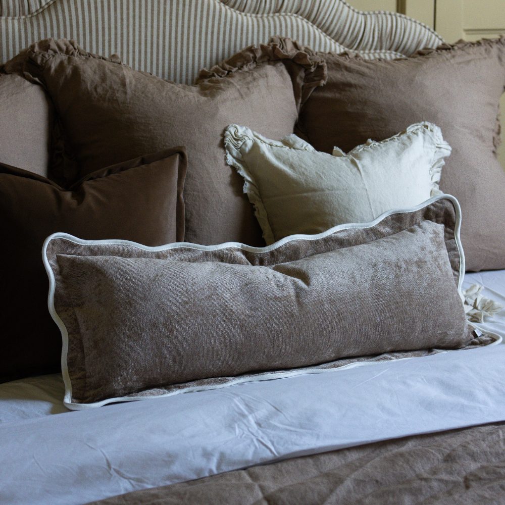 Chloe Coffee Brown Scalloped Edge Bolster Cushion 80x30