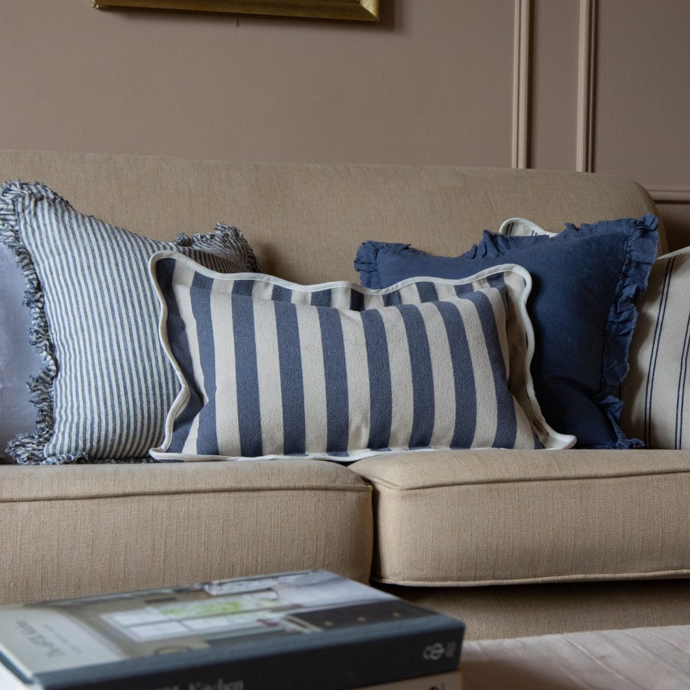 Chloe Navy Stripe Scalloped Edge Cushion 50x30