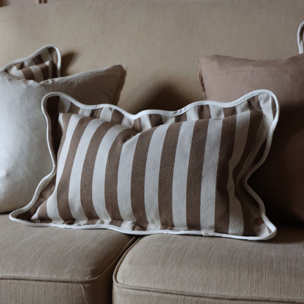 Chloe Brown Stripe Scalloped Edge Cushion 50x30