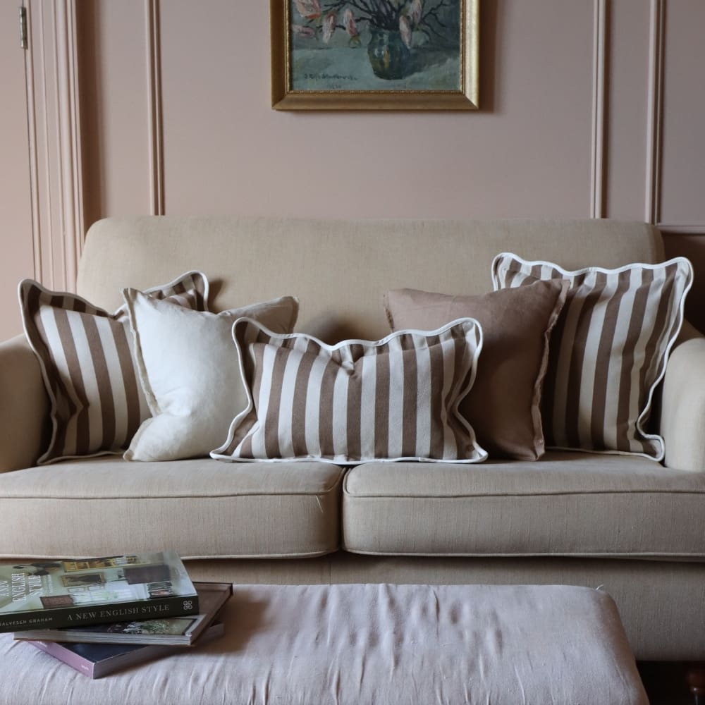 Chloe Brown Stripe Scalloped Edge Cushion 50x30