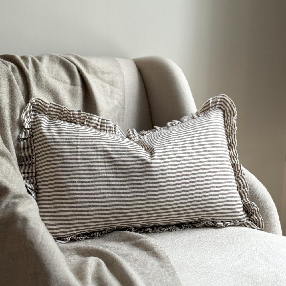 Darcy Dark Brown Stripe Ruffle Cushion 50x30