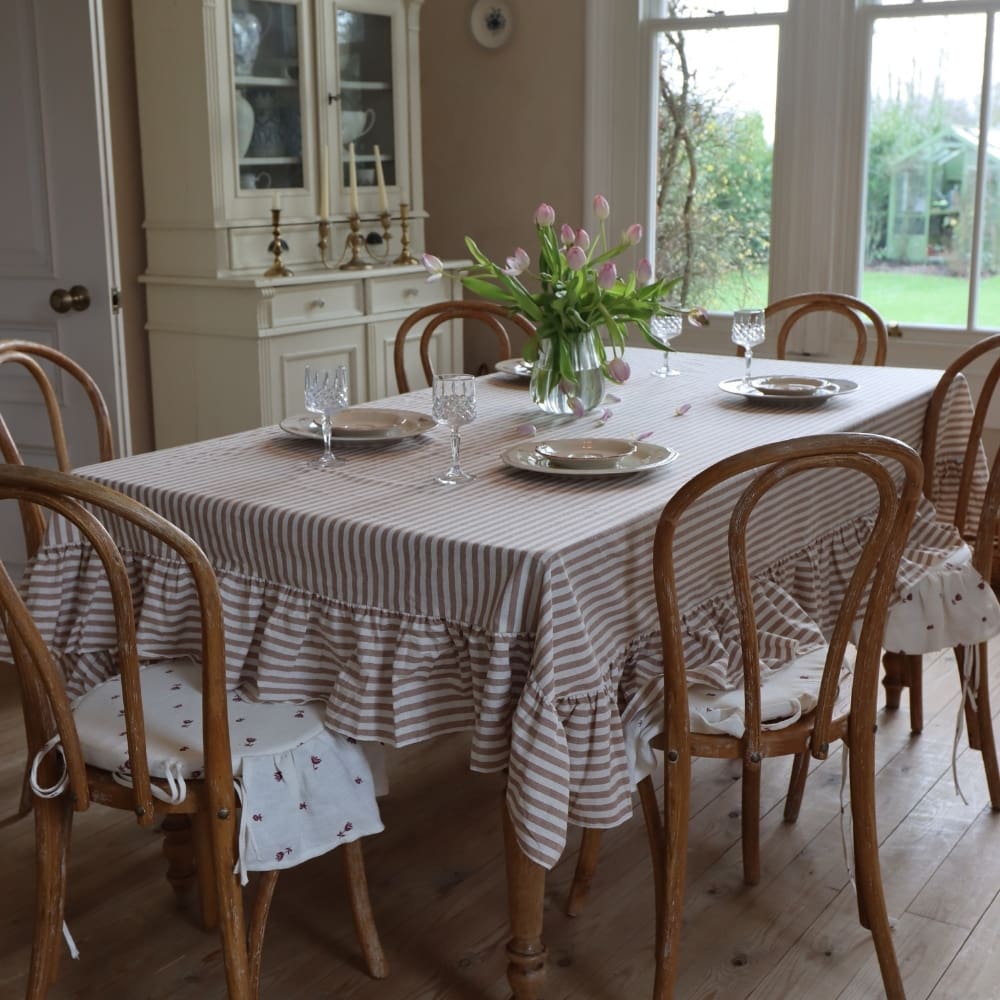 Brown Stripe Ruffle Tablecloth