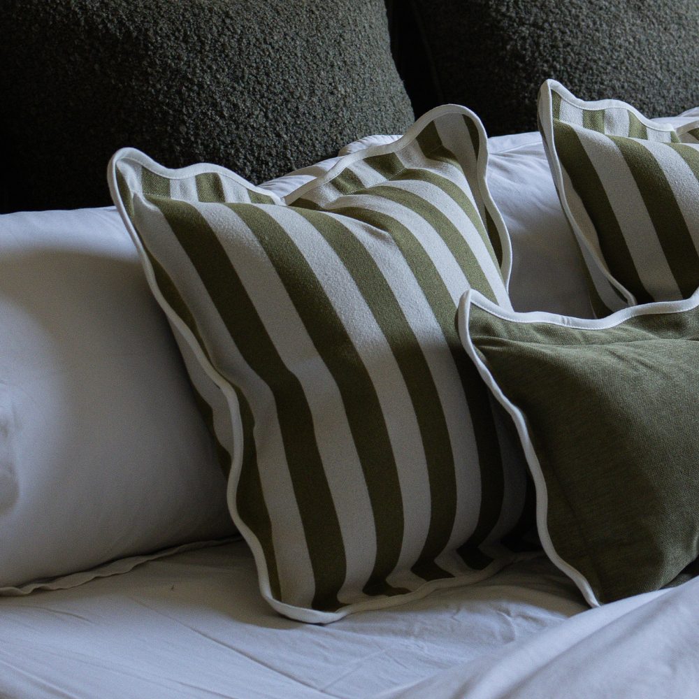Chloe Olive Green Stripe Scalloped Edge Cushion 45x45