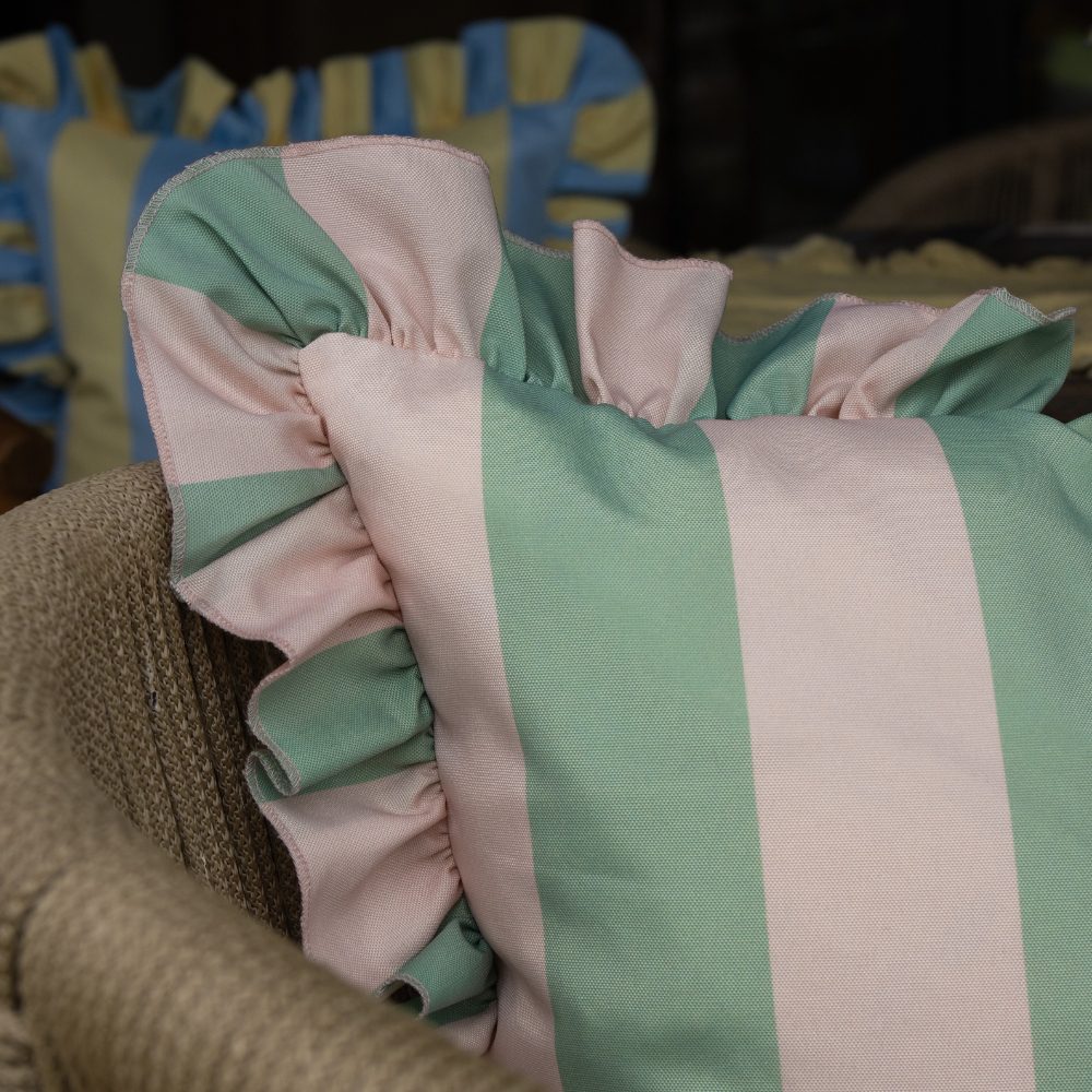 Outdoor Sage & Pink Ruffle Cushion 45x45