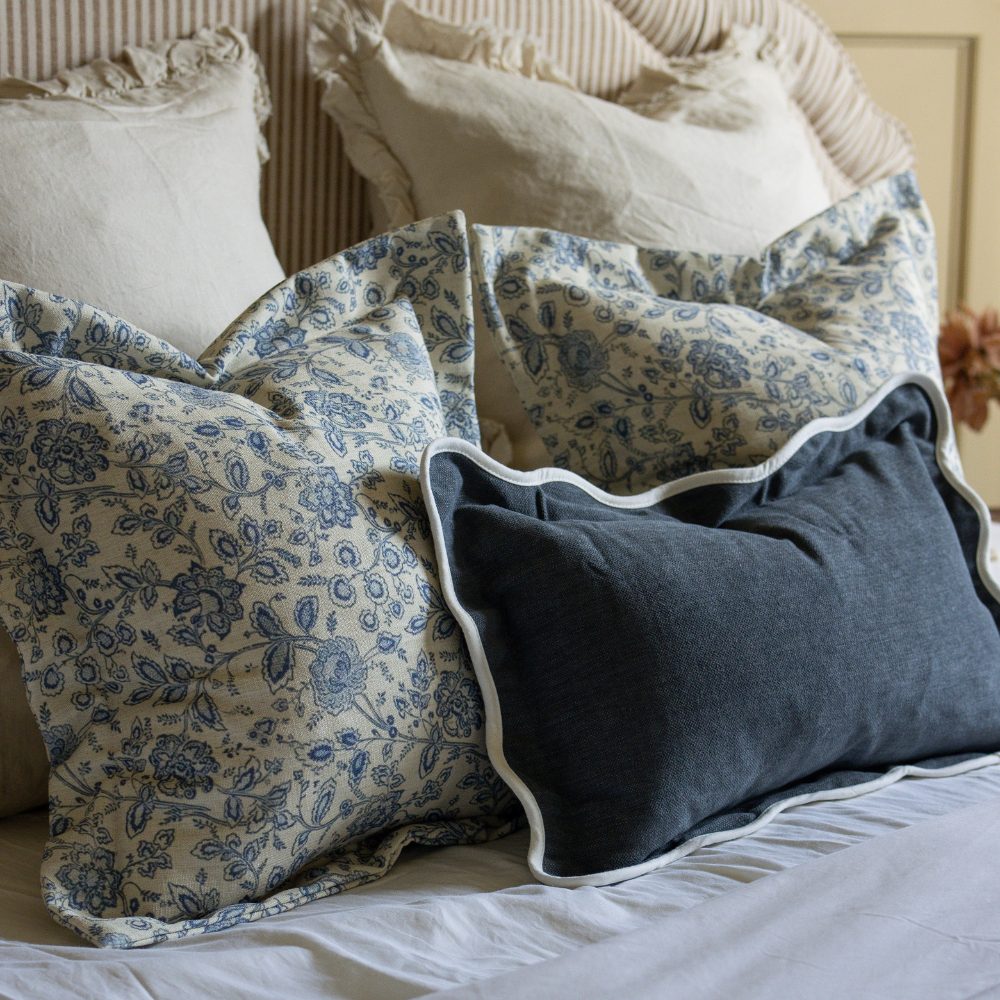 Aria Blue Floral Flanged Edge Cushion 45x45
