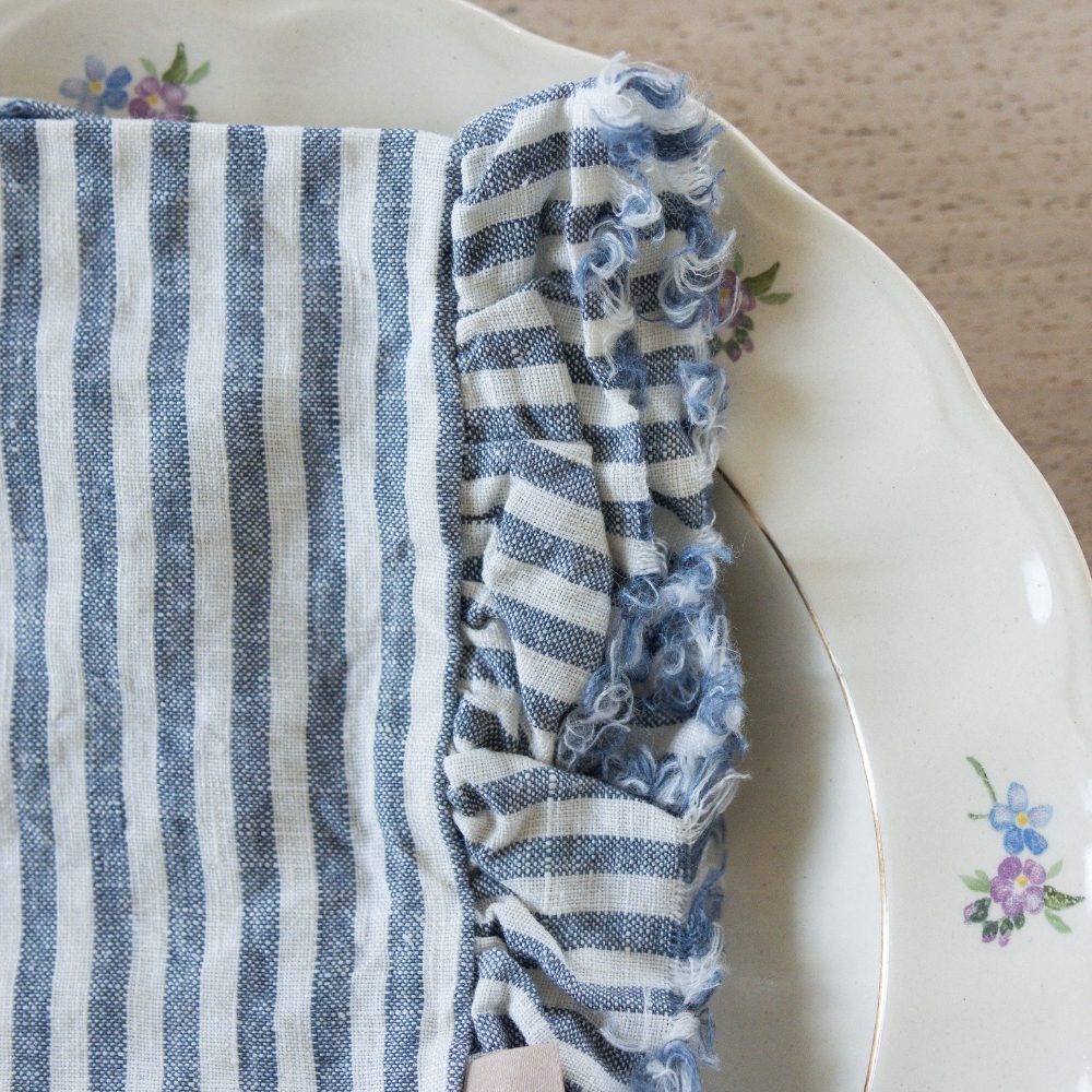 Linen Navy Stripe Ruffle Set of 4 Napkins