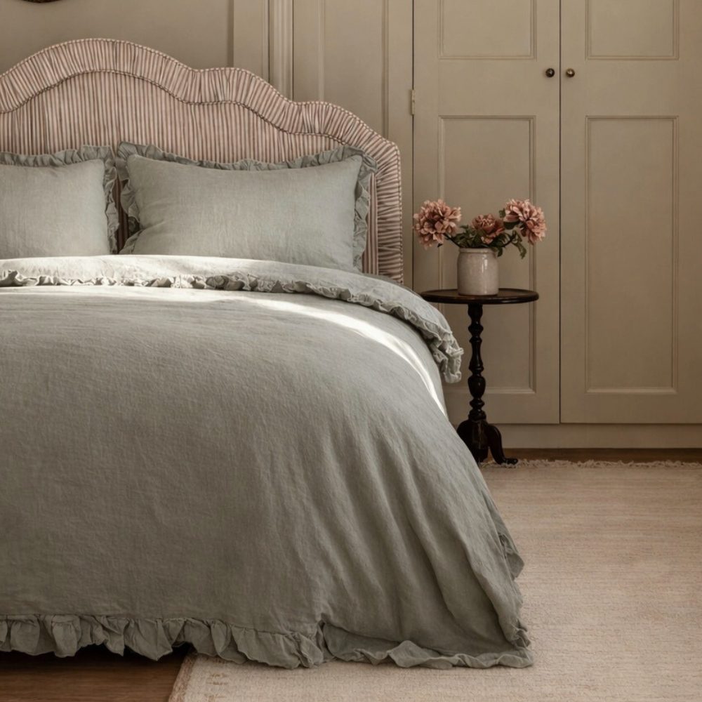 Luxury Sage Green Ruffle Linen Bedding Set